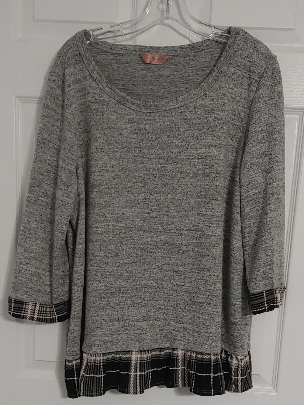 Heather Gray Knit Scoop Neck Top with Layered Plaid Hem Plus 2X